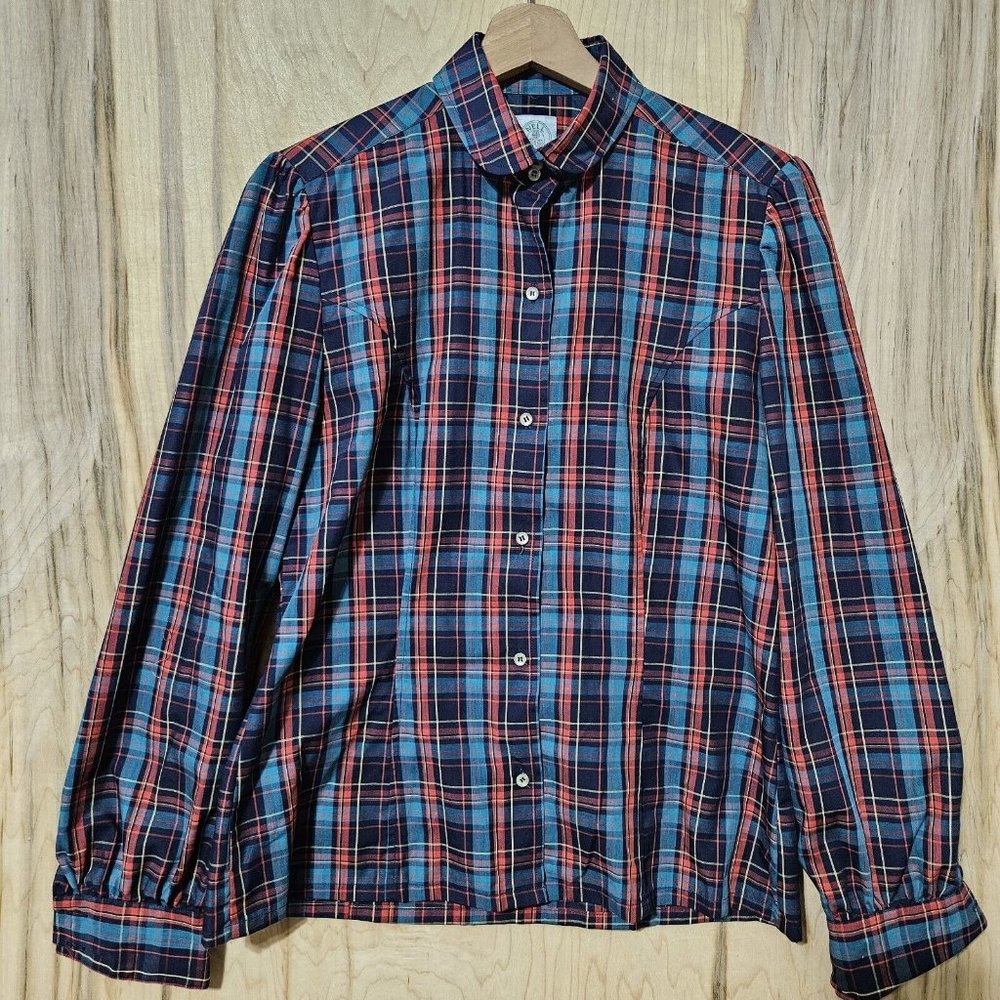 Nell Flowers Vintage Red Plaid Button Front Puff Sleeve Tailored Blouse Wmns 12